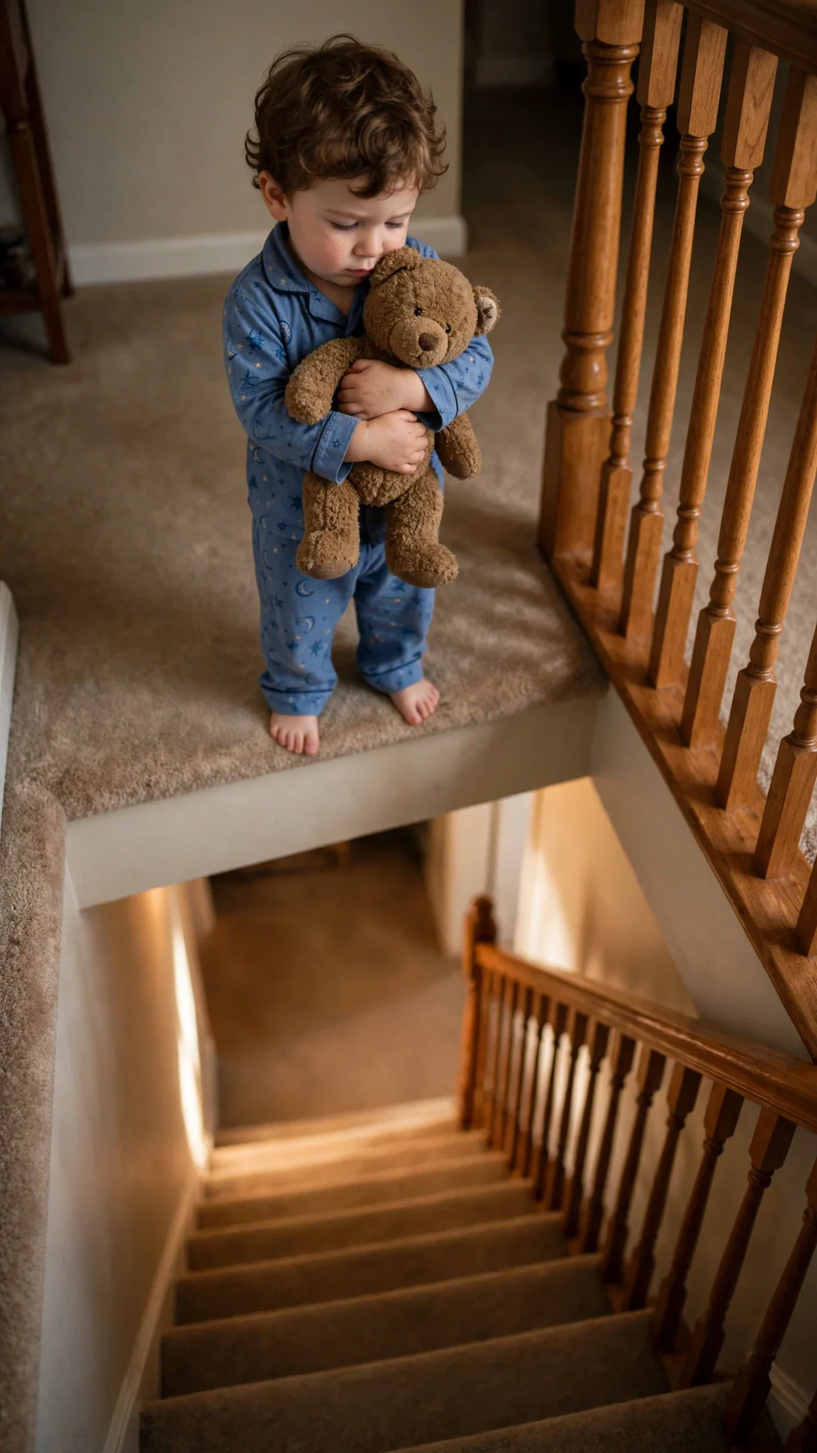 Jamie stands at the top of the stairs in pajamas, holding his bear.