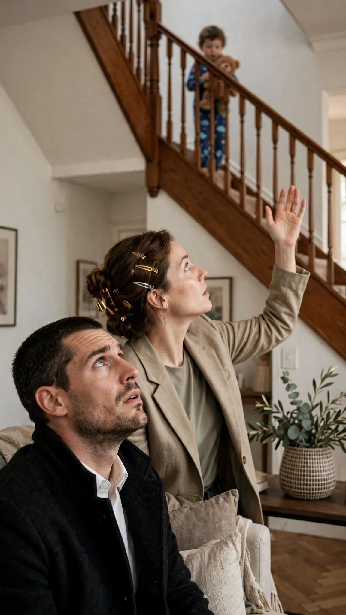 Roman looks up at the small boy on the stairs while Calla turns toward him.