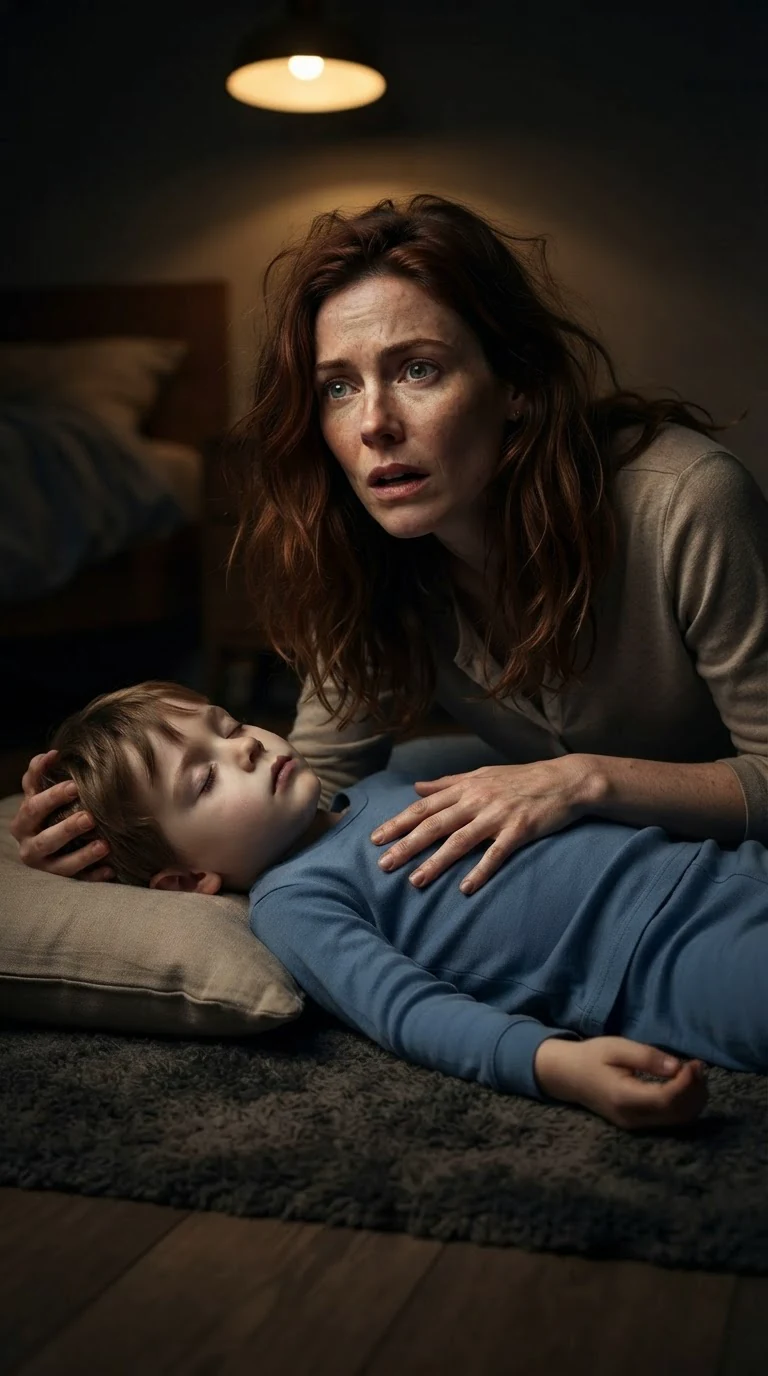 Calla kneels on the rug over her son, her hand on his chest.