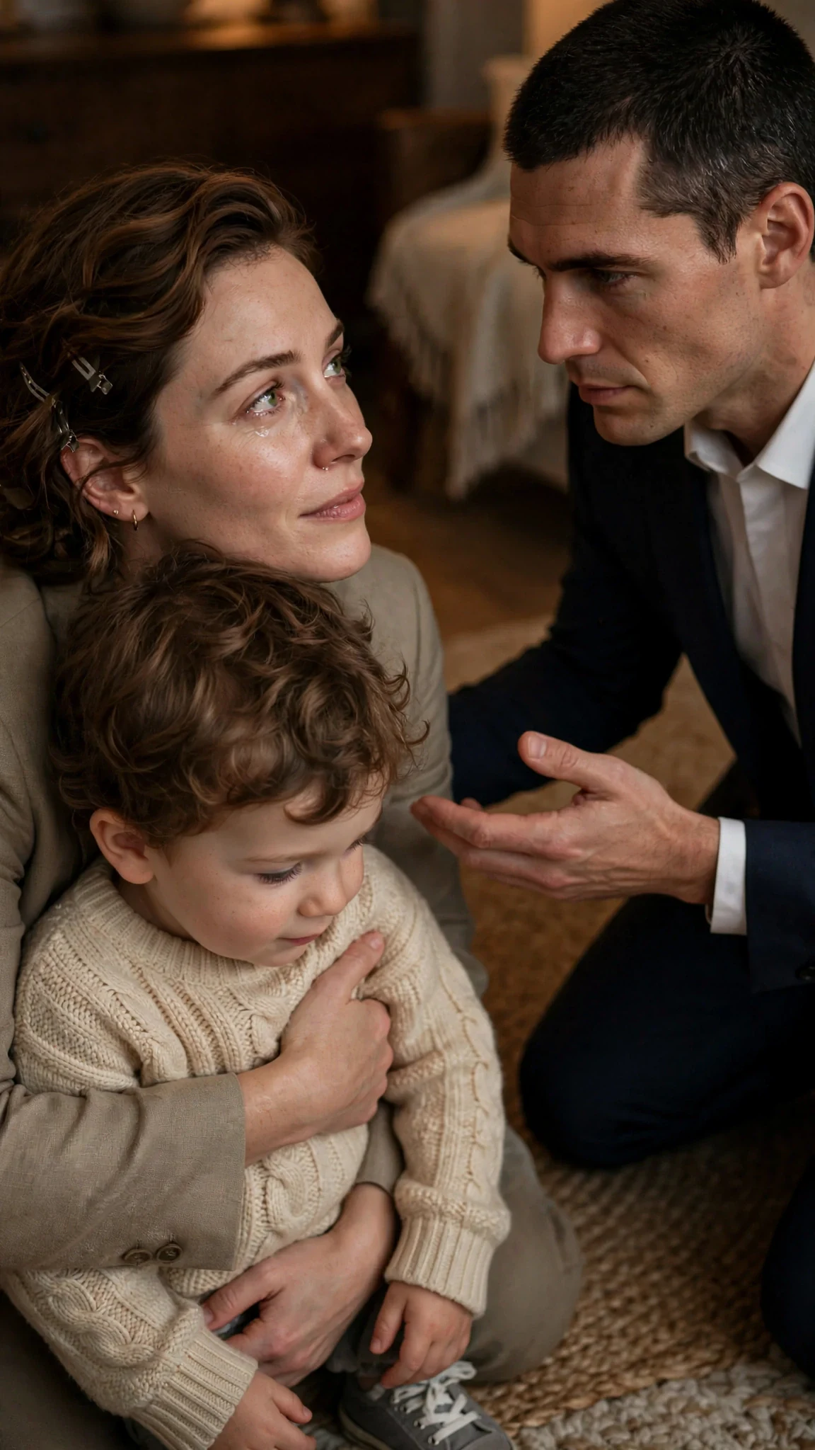 Calla looks up at Roman with wet eyes, clinging to her son.