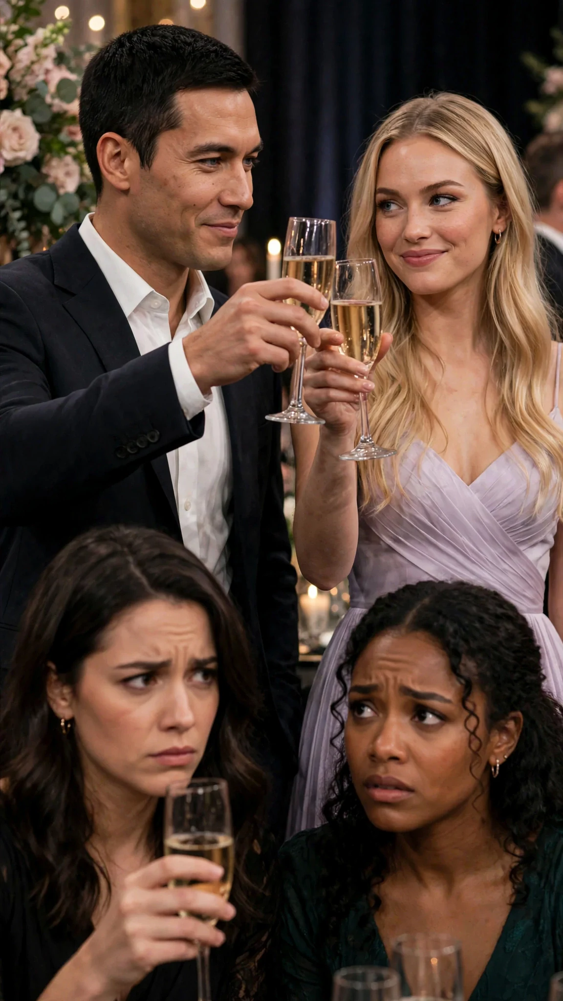 Cade raises his glass toward Brynn while Wren grips her own glass.