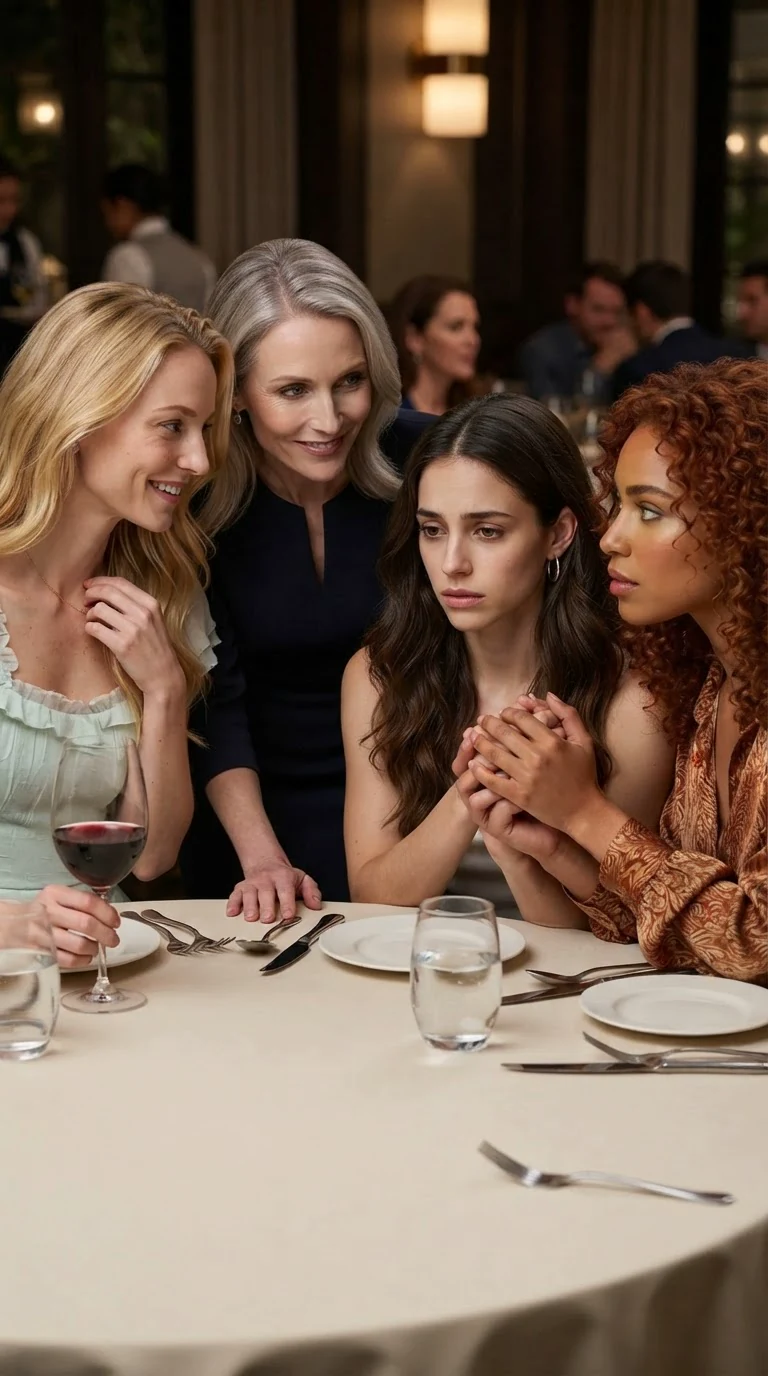 Brynn touches a necklace and smirks at Wren while Corinne whispers.