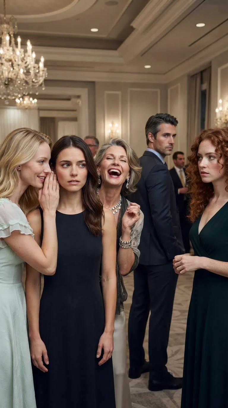 Brynn leans close to Wren with a cruel smile as nearby guests laugh.