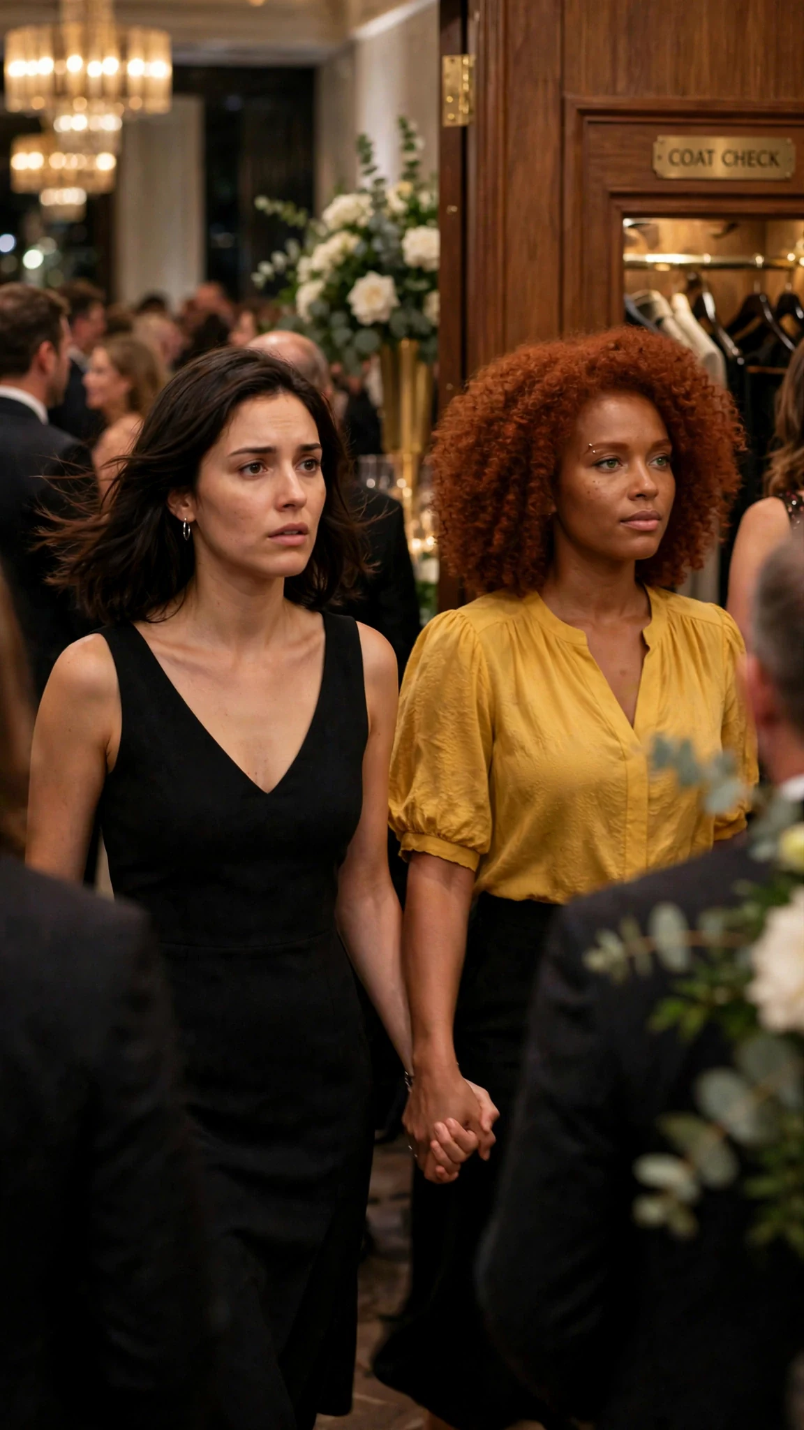 Wren and Nia hurry through the gala toward the coat room.