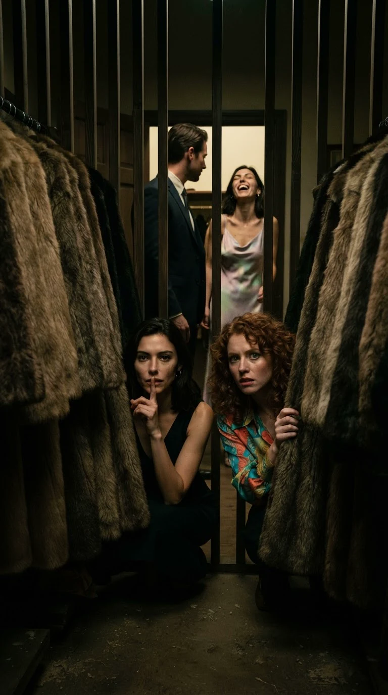 Wren and Nia crouch behind coats as Cade and Brynn enter the dark coat room.
