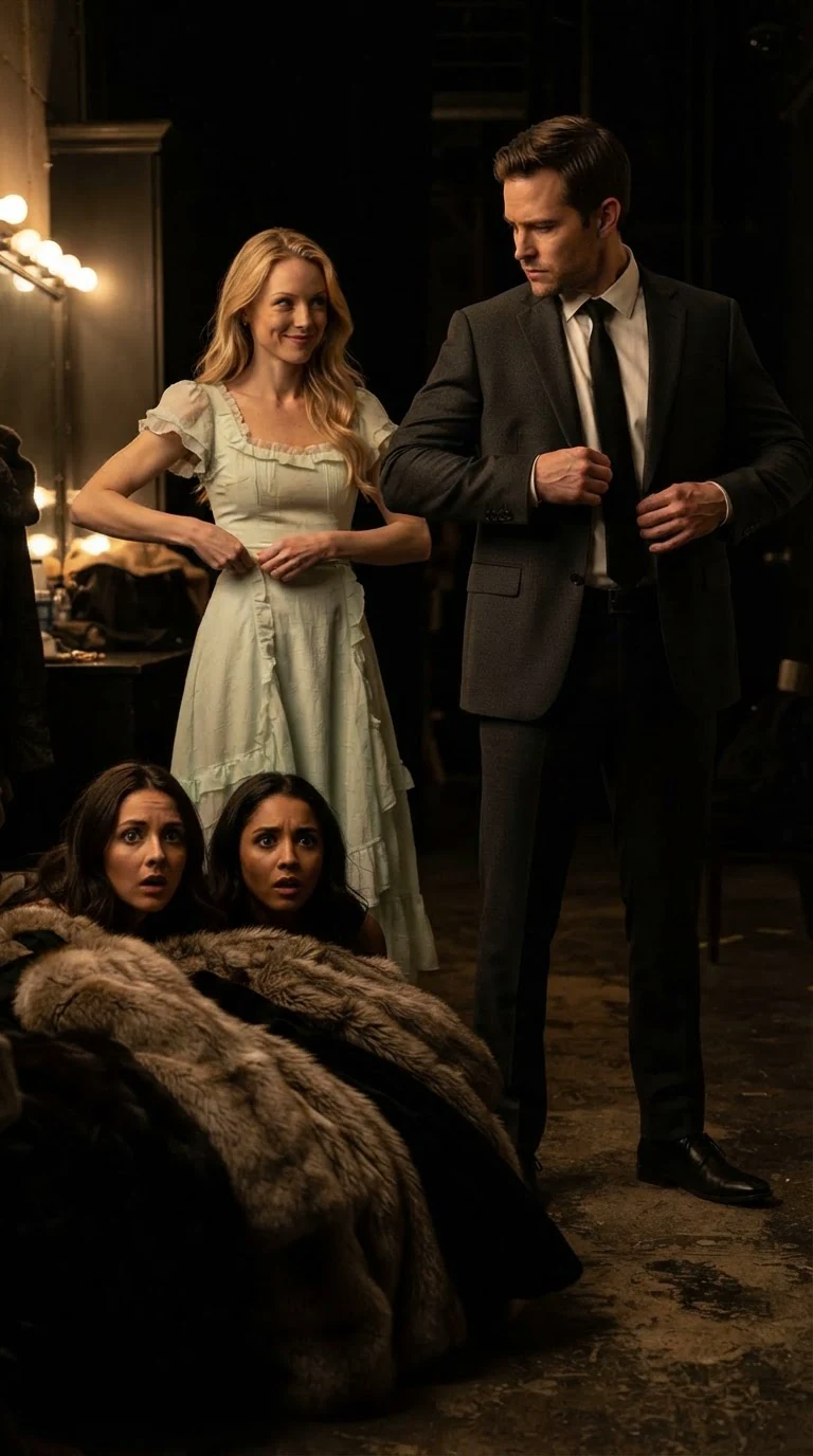 Brynn adjusts her dress with a smirk while Cade fixes his tie.