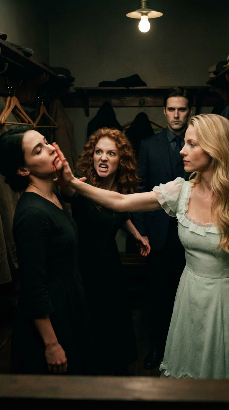 Brynn slaps Wren across the mouth in the coat room as Nia reaches for her.