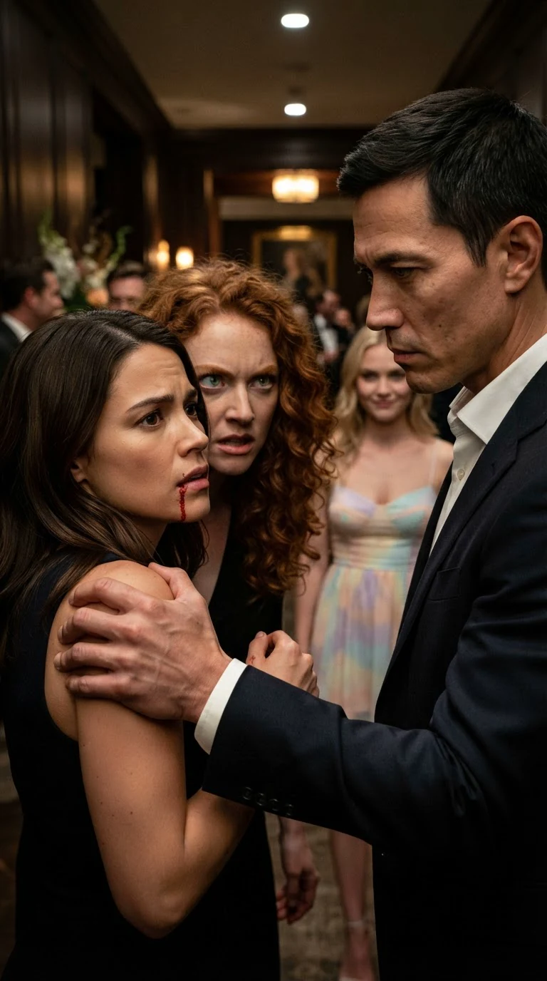 Cade grips Wren's arm hard while Nia stands behind her and Brynn smirks.