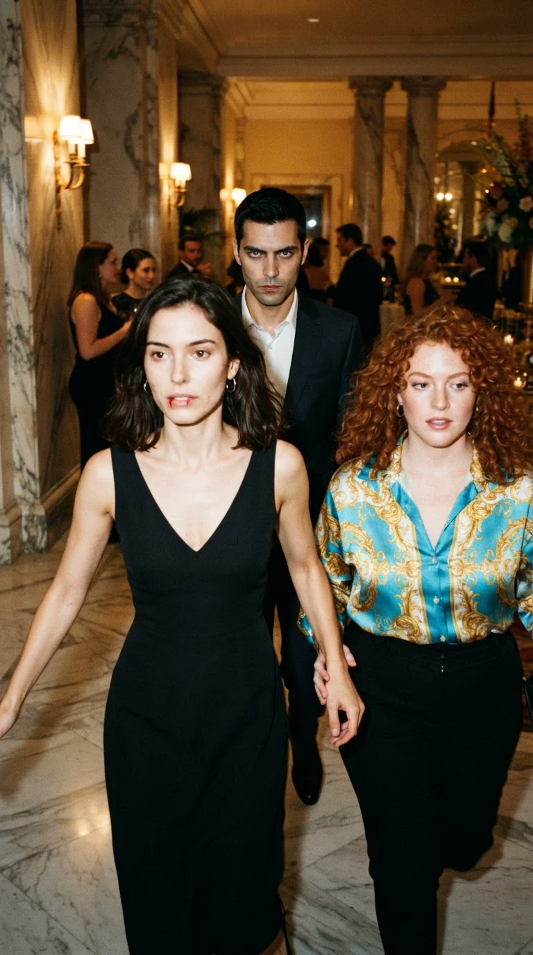 Wren and Nia hurry through a gala hallway while Cade stands behind them in a dark suit.