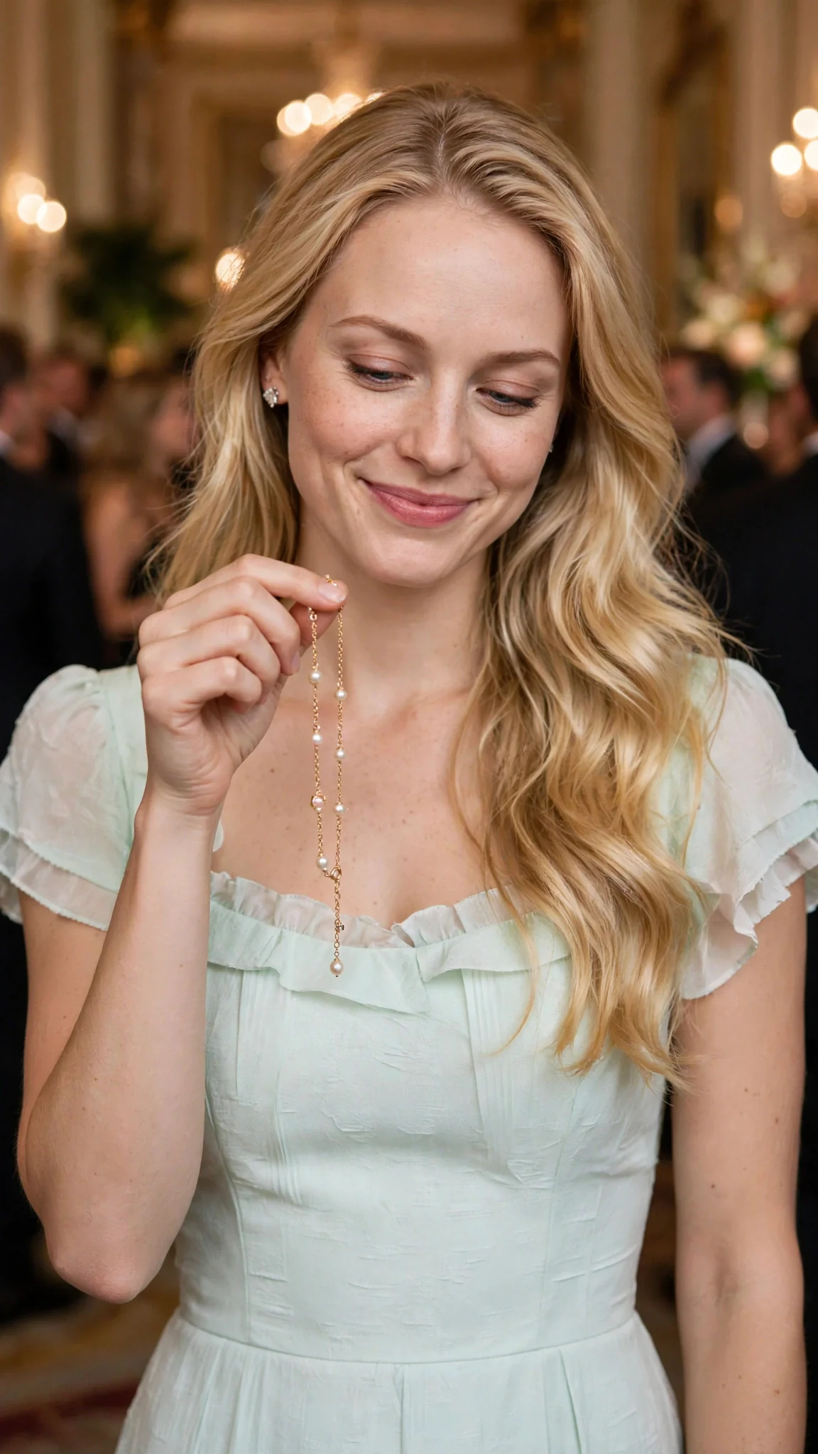 Brynn holds up a delicate gold and pearl necklace and smiles.