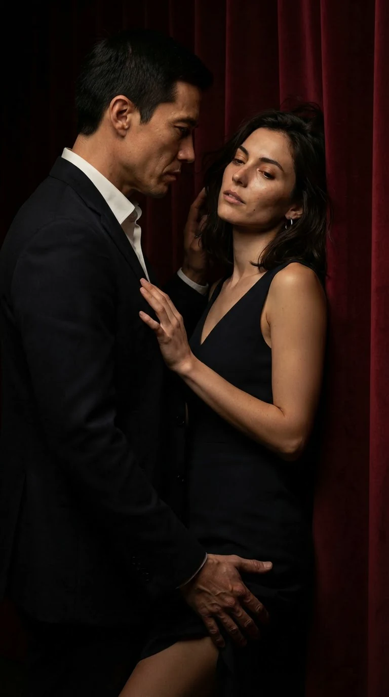 Cade's hand slides up the hem of Wren's dress in the dark.
