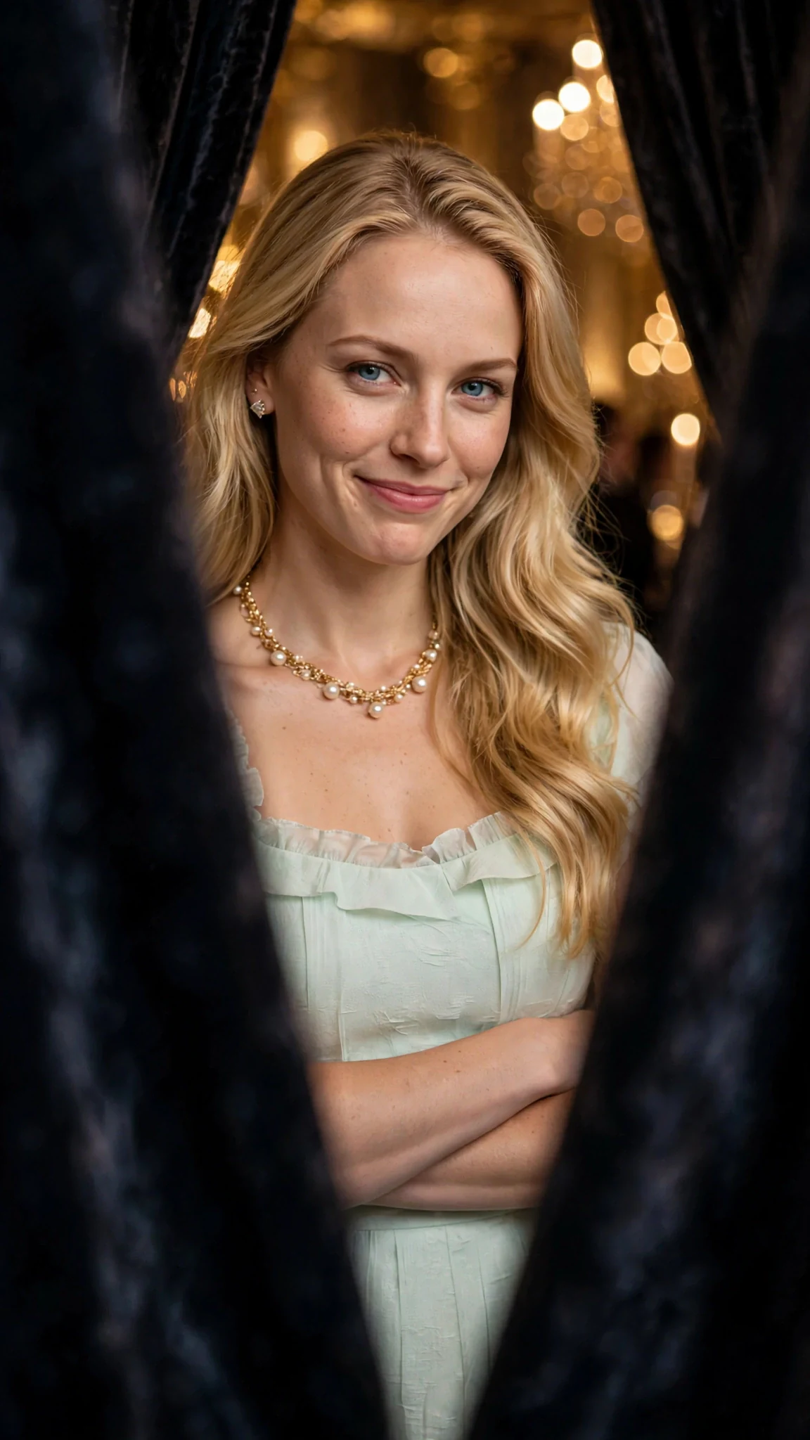Through a gap in the curtain, Brynn watches them with the necklace on.