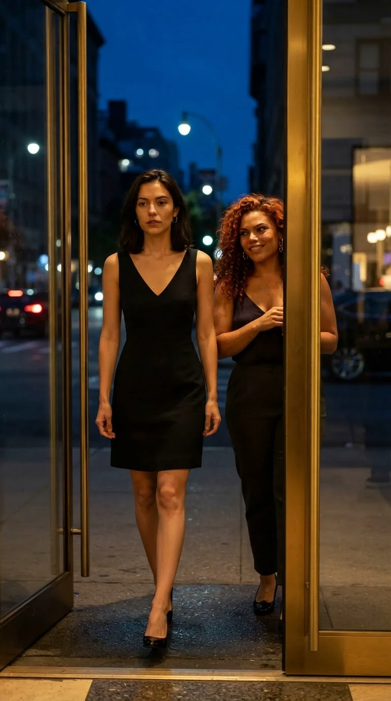 Wren and Nia step out through tall glass doors into cold night air.