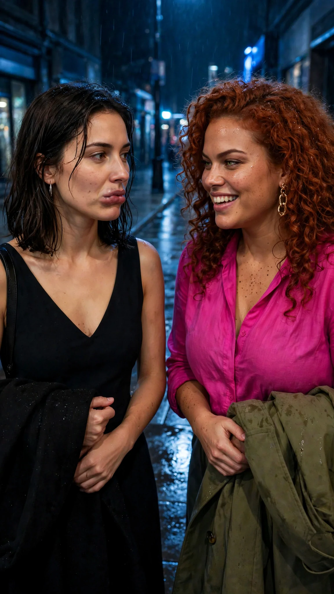 Wren and Nia face each other on a city sidewalk under streetlights.