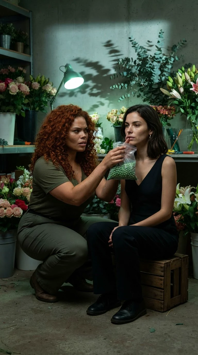 A red-haired woman kneels and presses frozen peas to her friend's cut lip.
