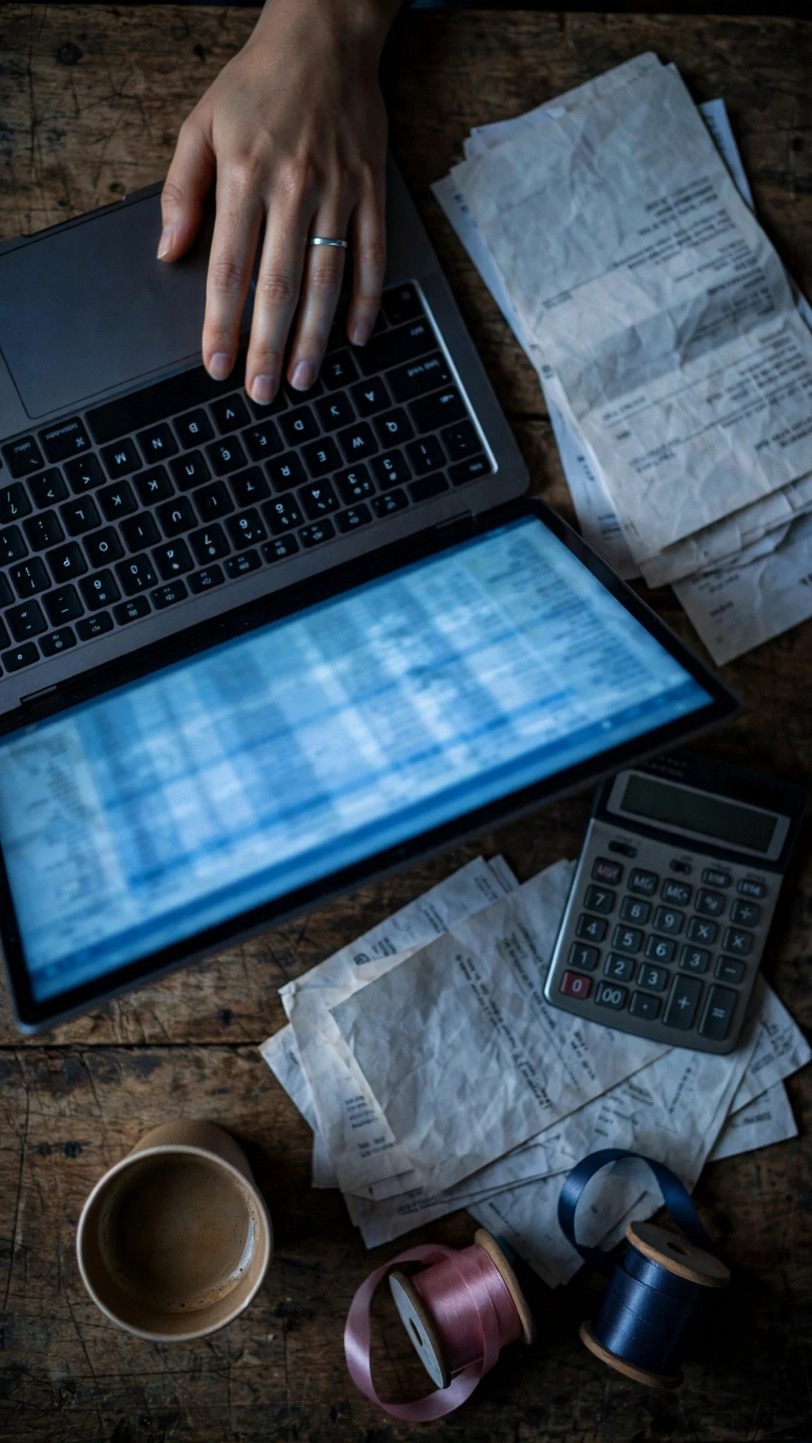 A laptop with a spread of invoices sits open on a flower studio worktable.
