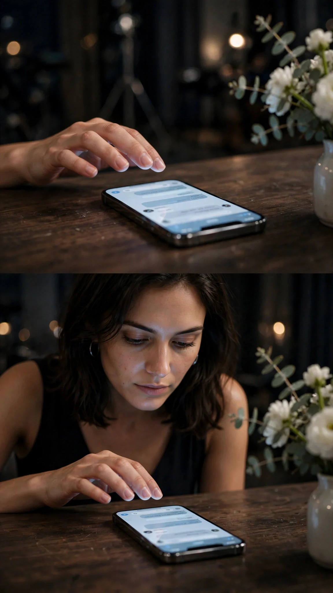 A phone face up on a table lights the wood grain with an incoming message.