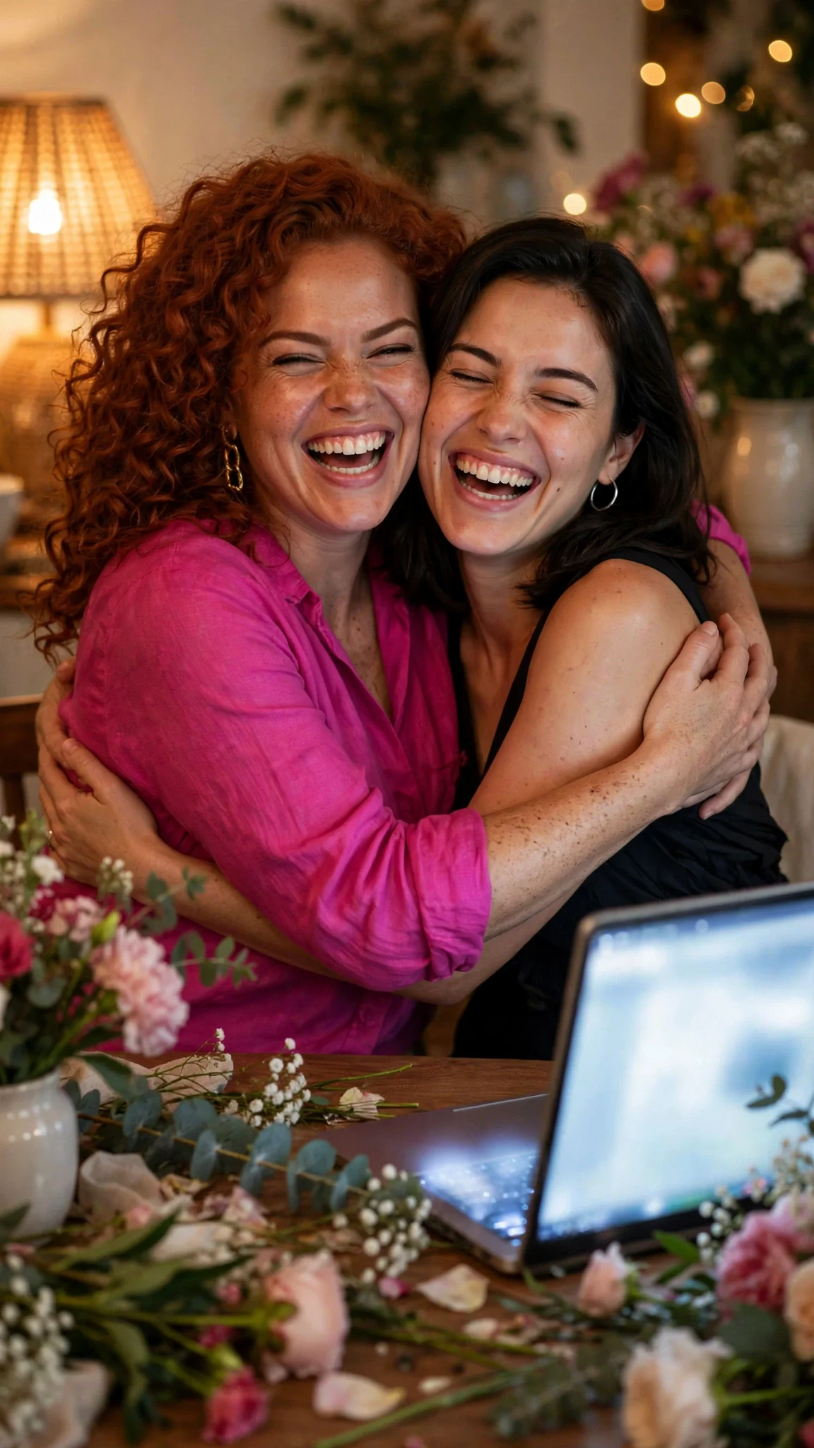 Two women stare at a laptop screen, then burst into a hug.