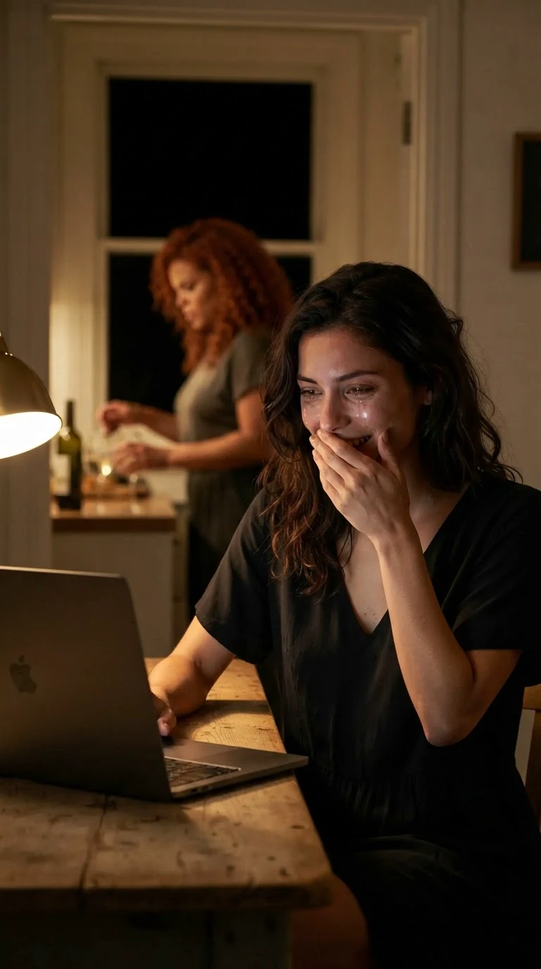 A woman in a party dress cries quietly over a laptop, smiling.