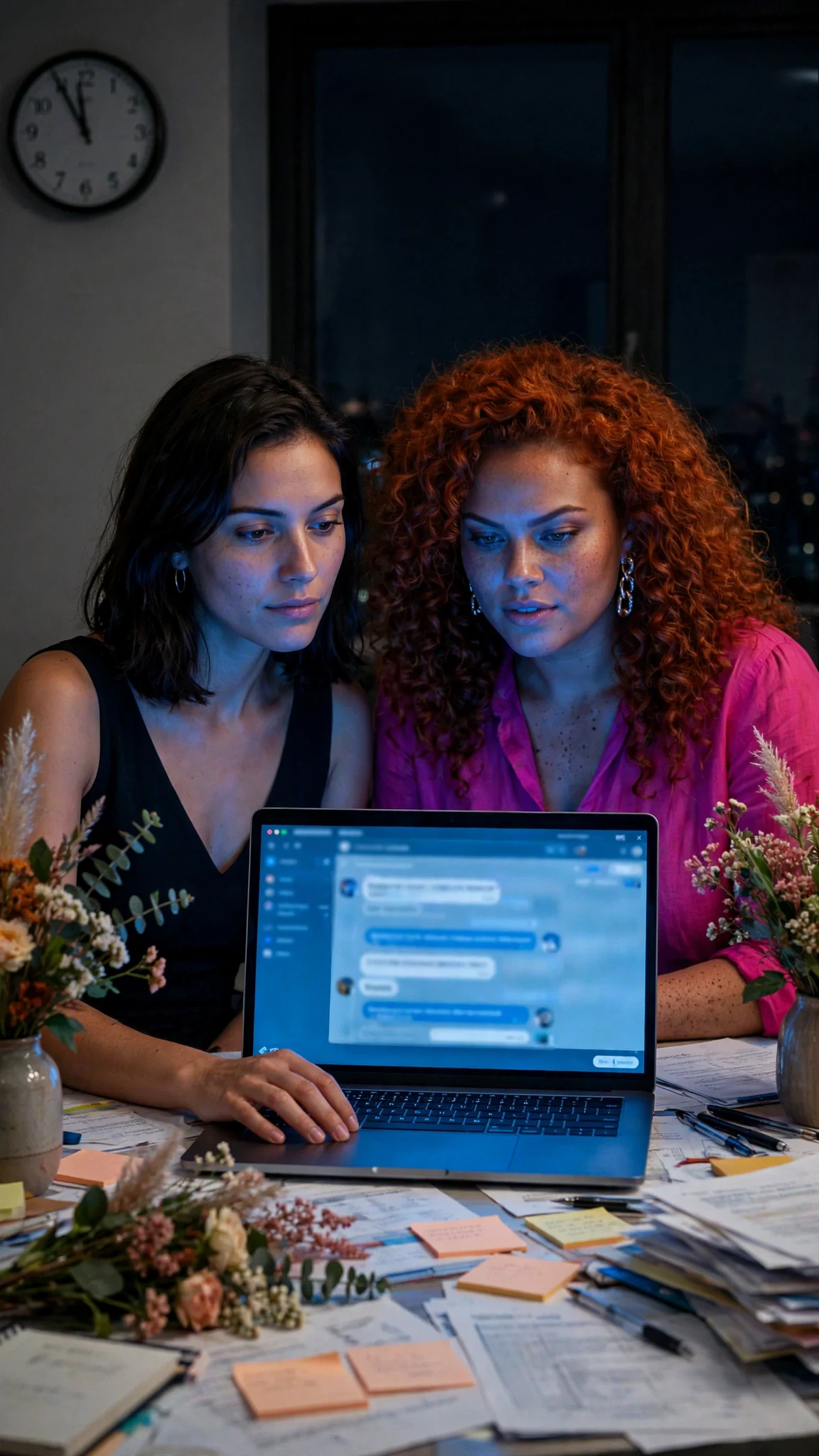 A laptop chimes with a new message while both women look up.
