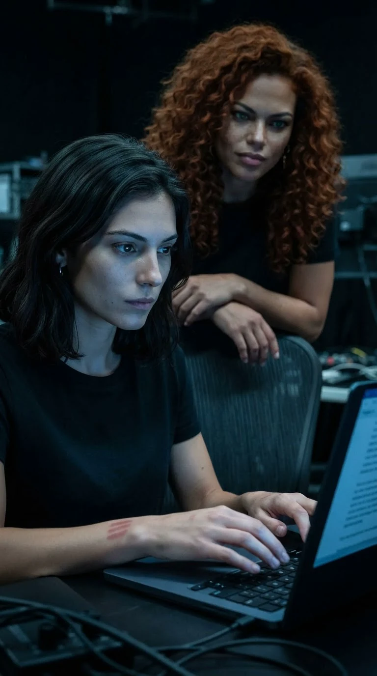 A woman types a reply on the laptop while her friend watches.