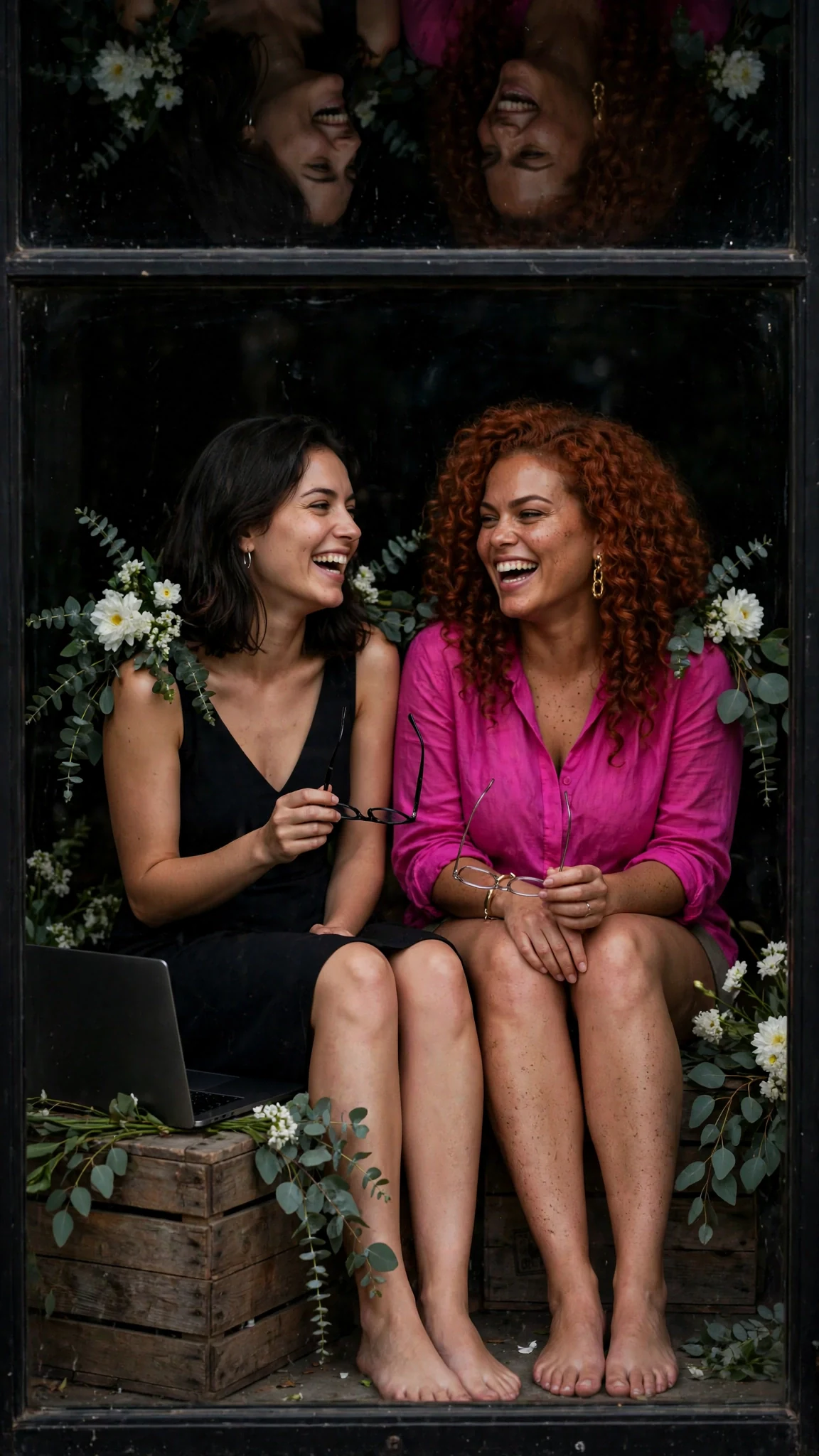 Two women in party dresses sit with bare feet on a crate, reflected in a black studio window.