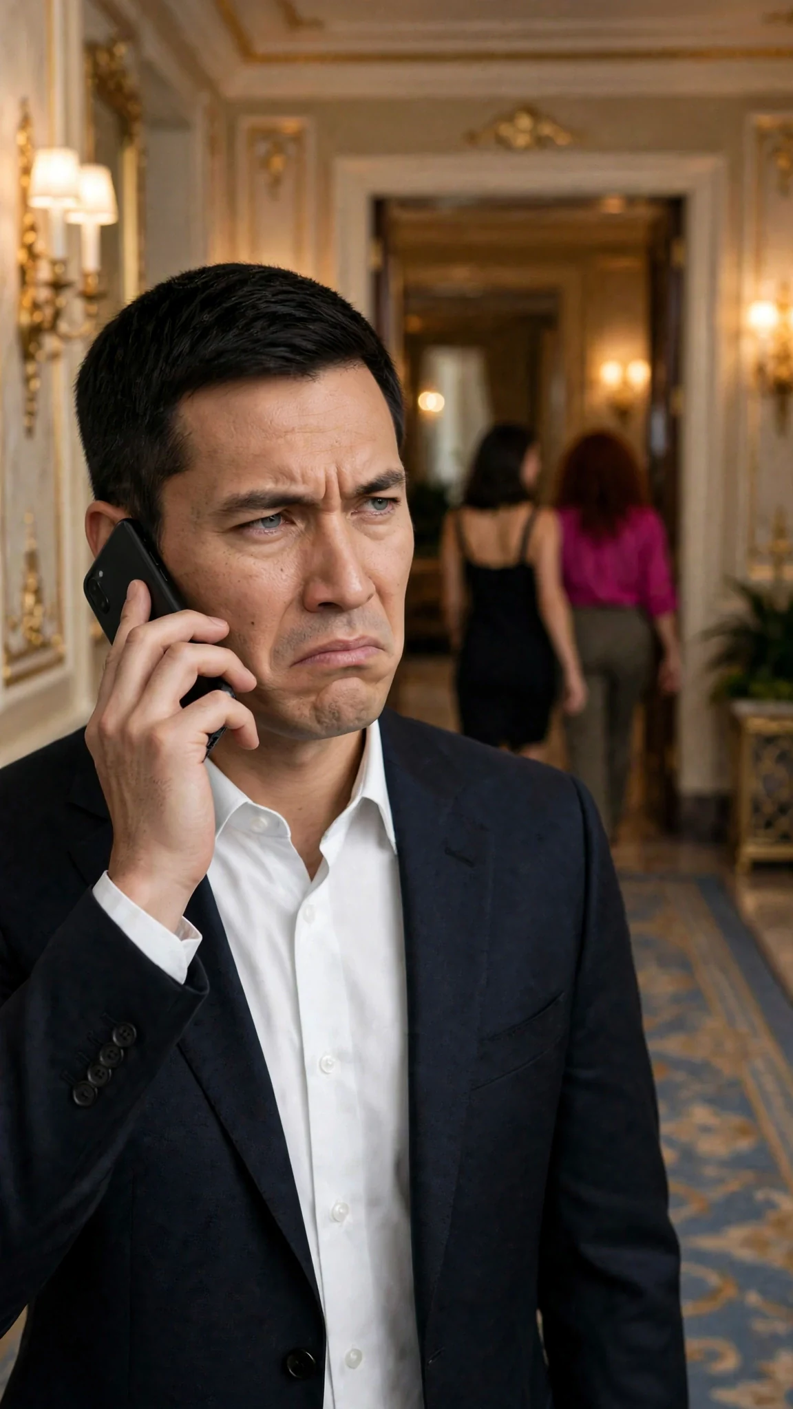 A man in a dark suit stands in a hotel hallway watching two women leave, his jaw tight.