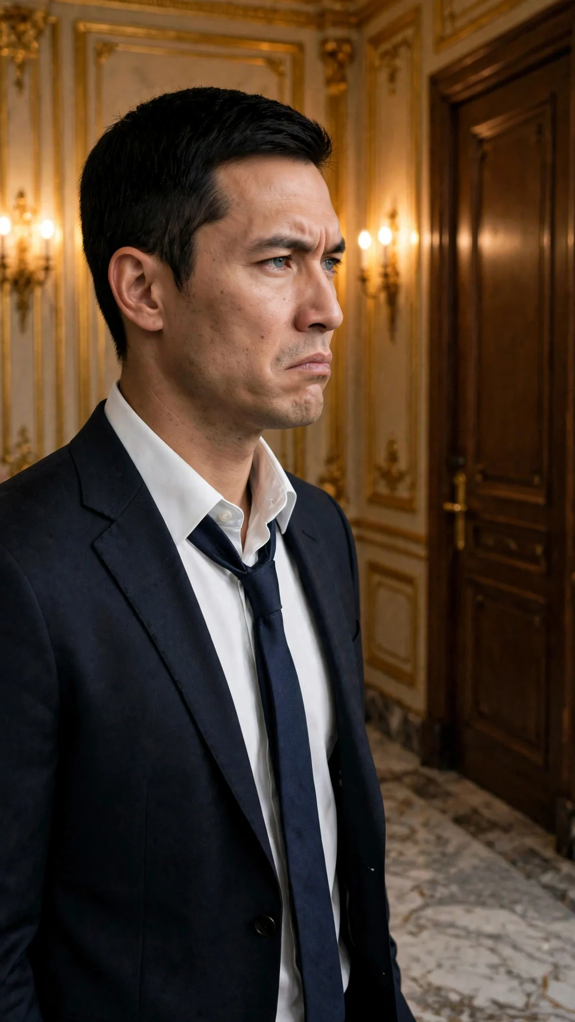 A man in a suit stands alone in a hallway, staring at the closed door, annoyed.