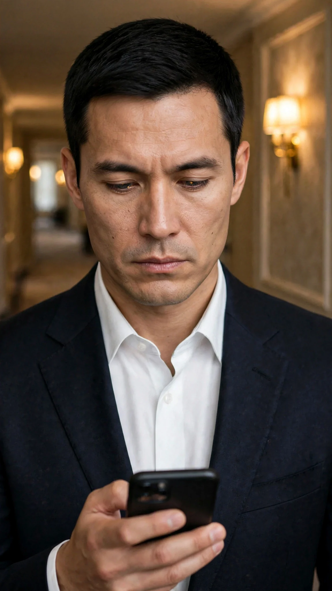 Close view of a man in a suit typing on his phone, his mouth set in a hard line.