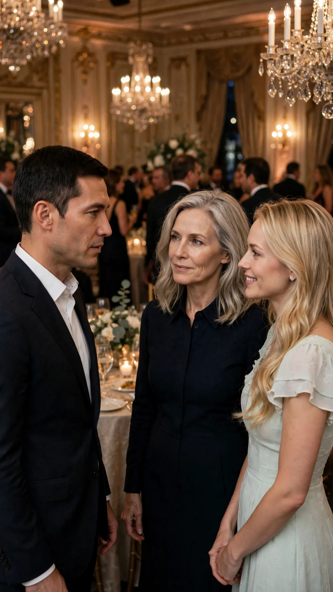 A gray-eyed man in a tuxedo enters a crowded ballroom where a blonde woman and an older ash-blonde woman wait.