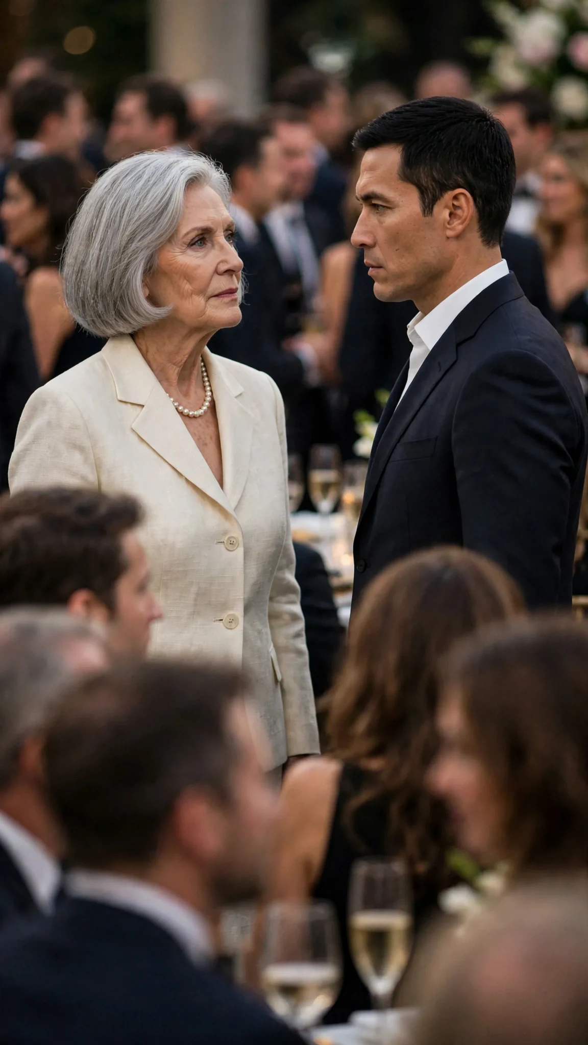 A petite silver-haired woman in cream and pearls steps forward, her face sharp and cold.