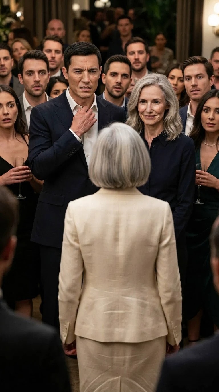 A man in a tuxedo stiffens as the people around him go quiet and stare at him.