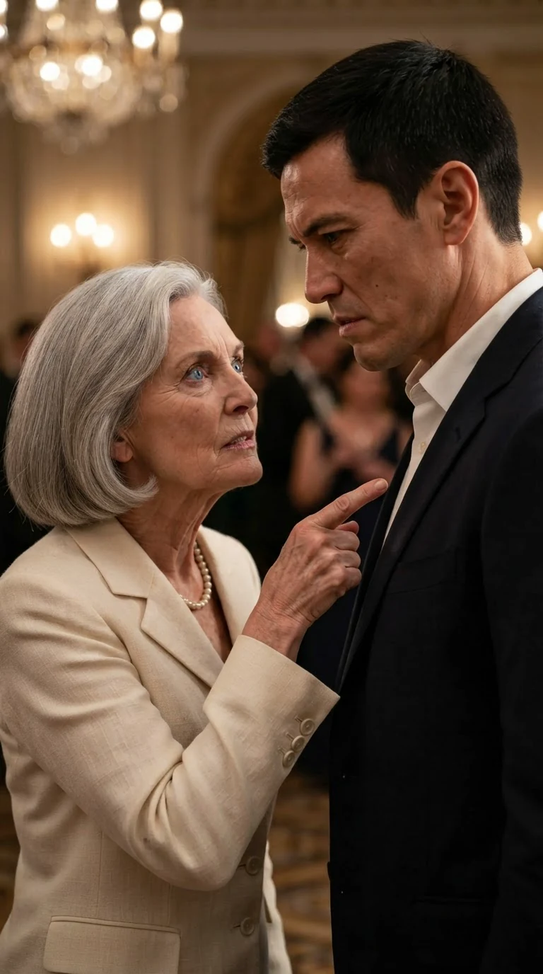 The silver-haired matriarch faces her son and points a finger at his chest.