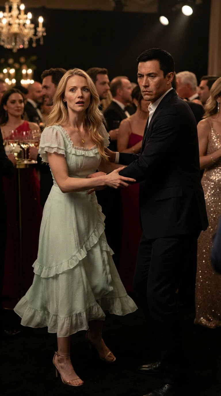 A blonde woman in a pastel dress grabs a man's arm and stumbles back when he pulls away.
