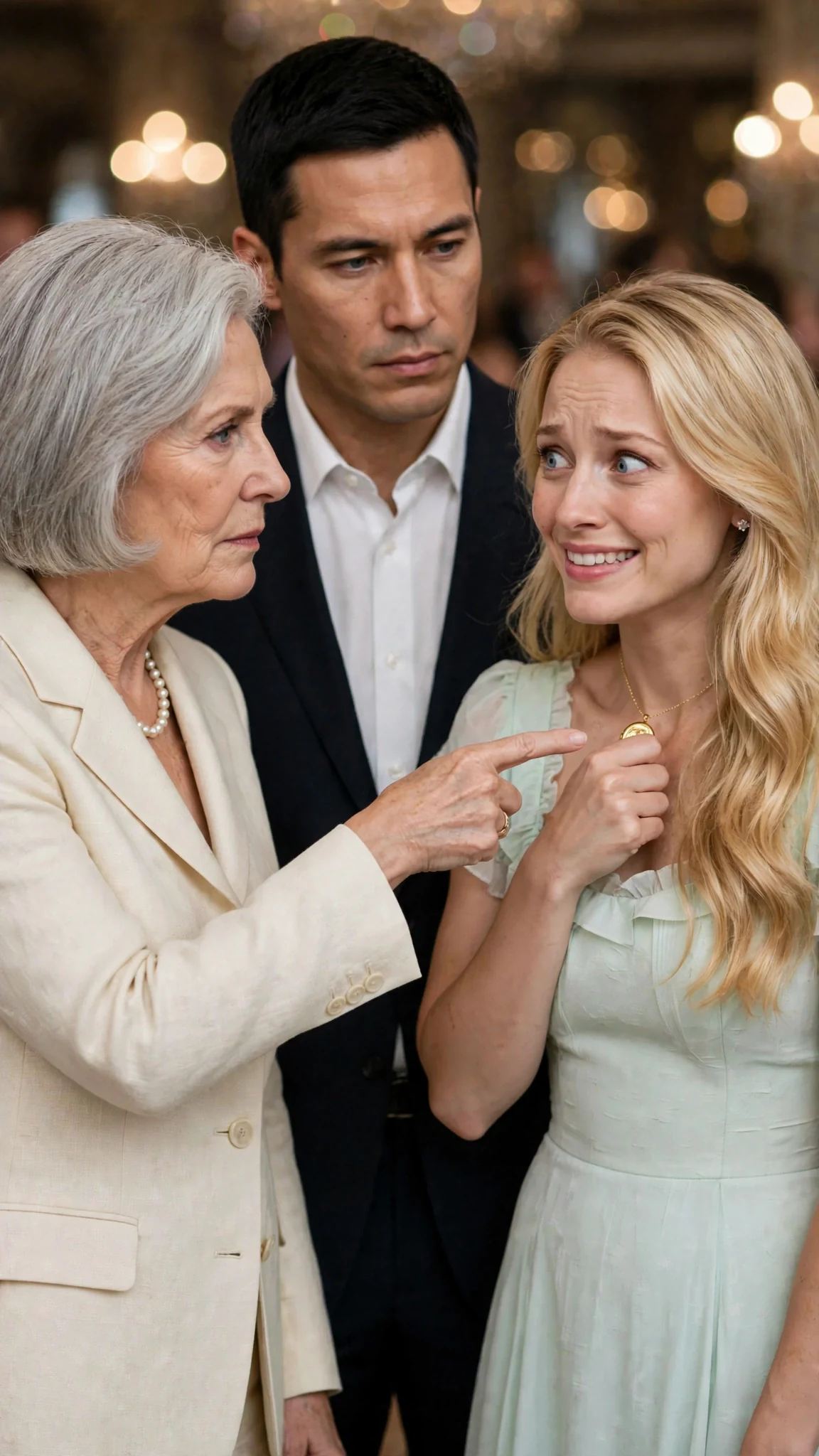 The silver-haired woman points at a gold necklace on the blonde woman's neck and the blonde clutches it.