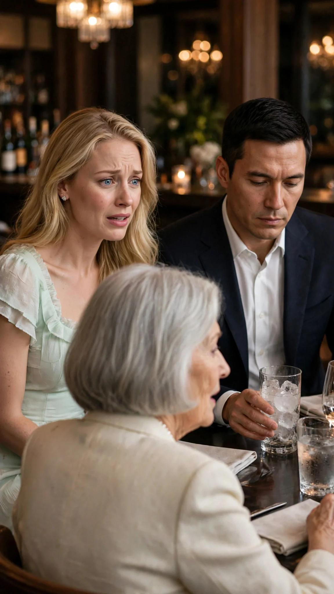 A blonde woman looks panicked at a gray-eyed man, who stares into his drink instead of helping her.