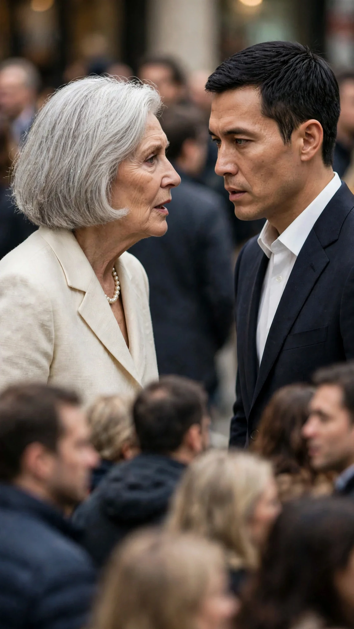 The silver-haired matriarch speaks low and hard to her son before walking away into the crowd.