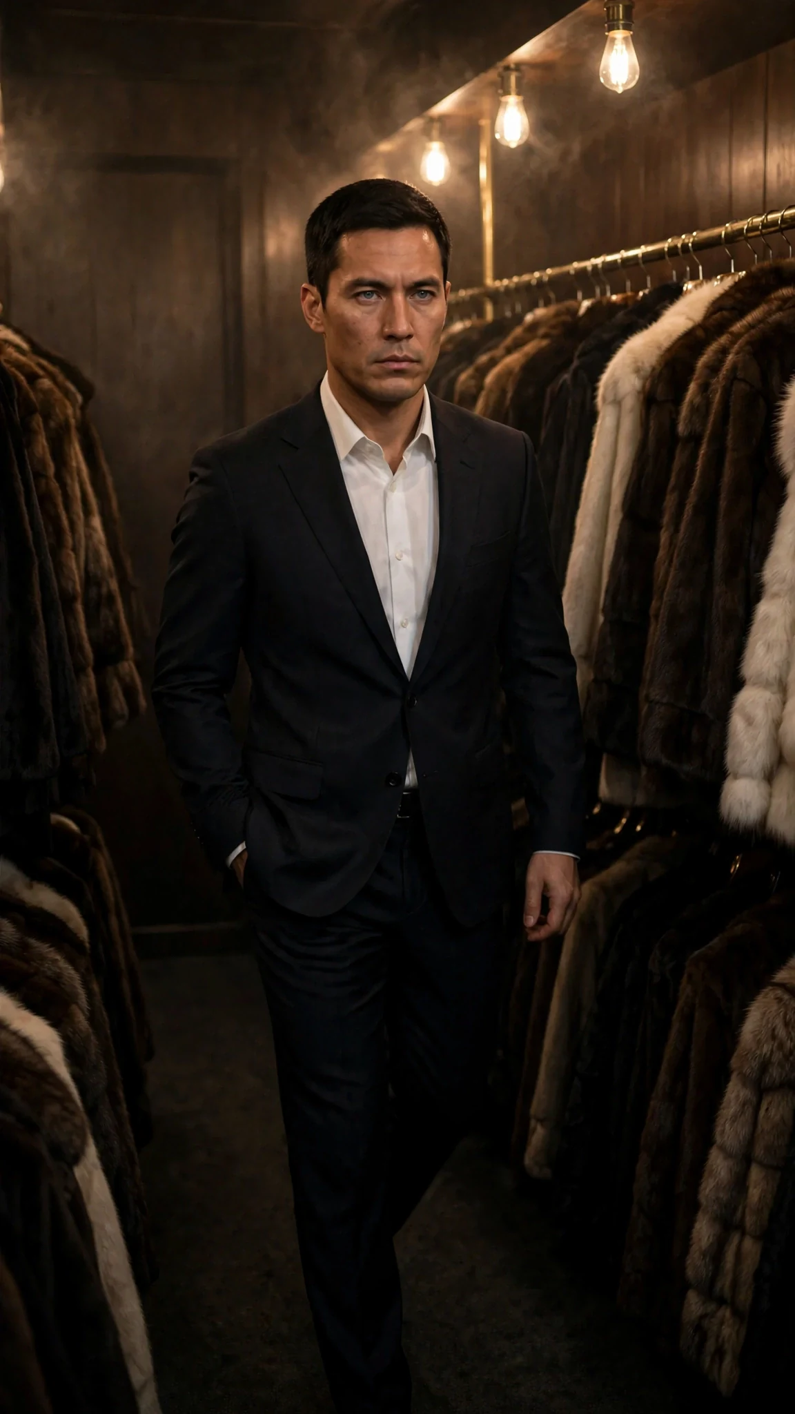 A man in a tuxedo walks alone through a dim coat room, his face hard.
