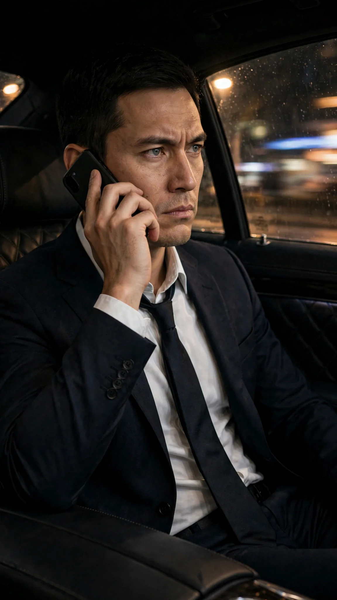 A gray-eyed man sits in the back of a dark car with a phone pressed to his ear.