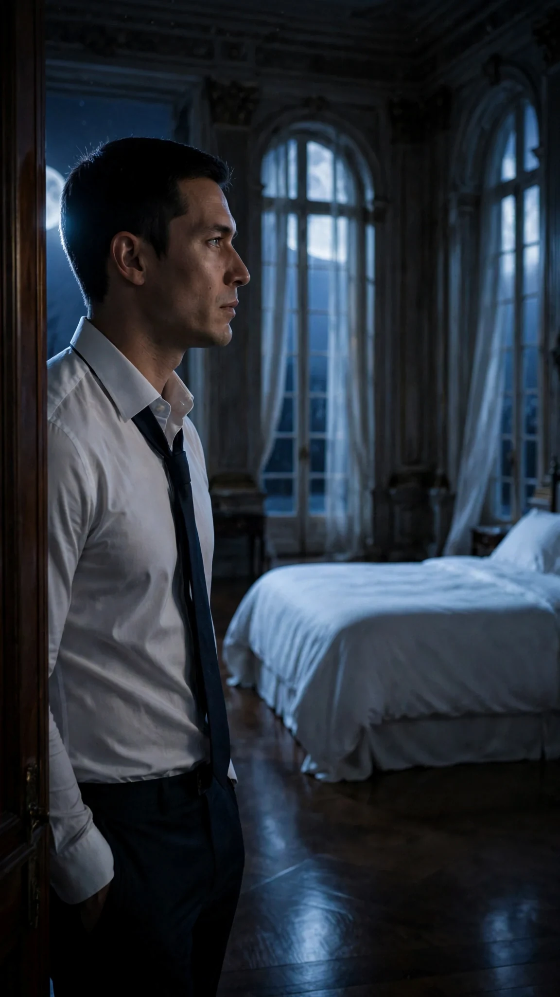 A man in a rumpled tuxedo stands in a huge dark bedroom doorway, looking at an empty bed.