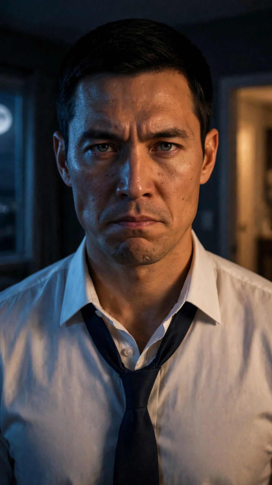 Close view of a man in a dark bedroom, jaw working, eyes fixed and hard.