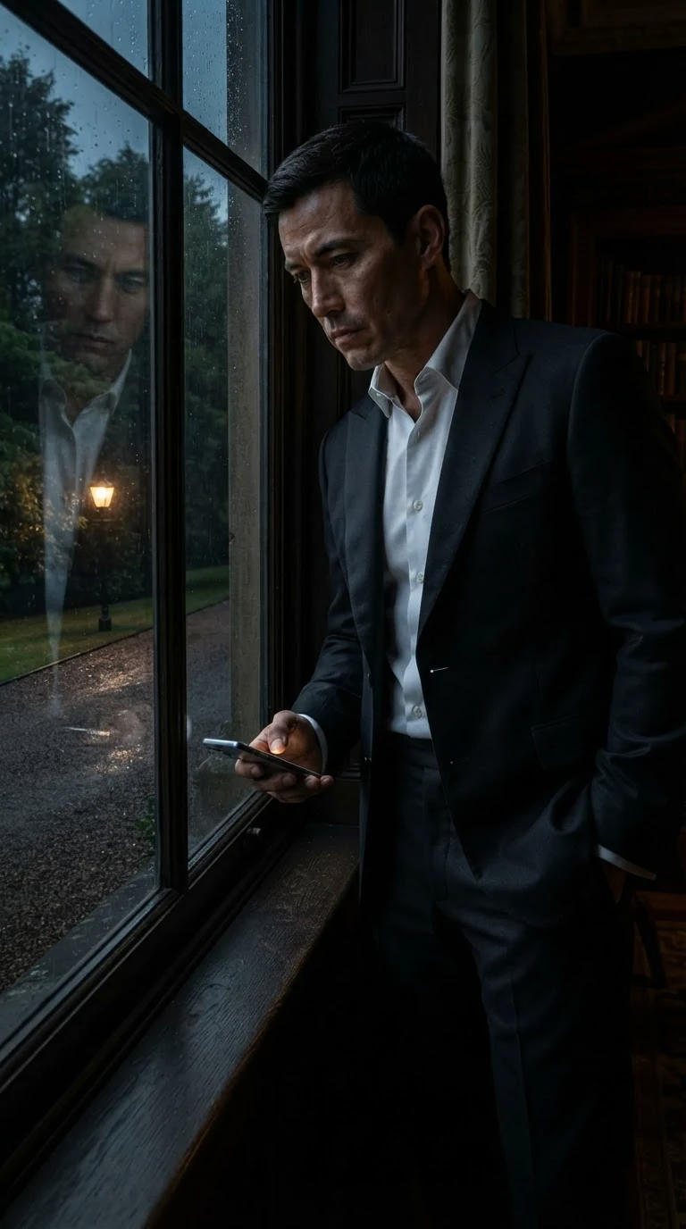 A man stands at a dark window in a tuxedo, phone in hand, staring at the empty driveway.