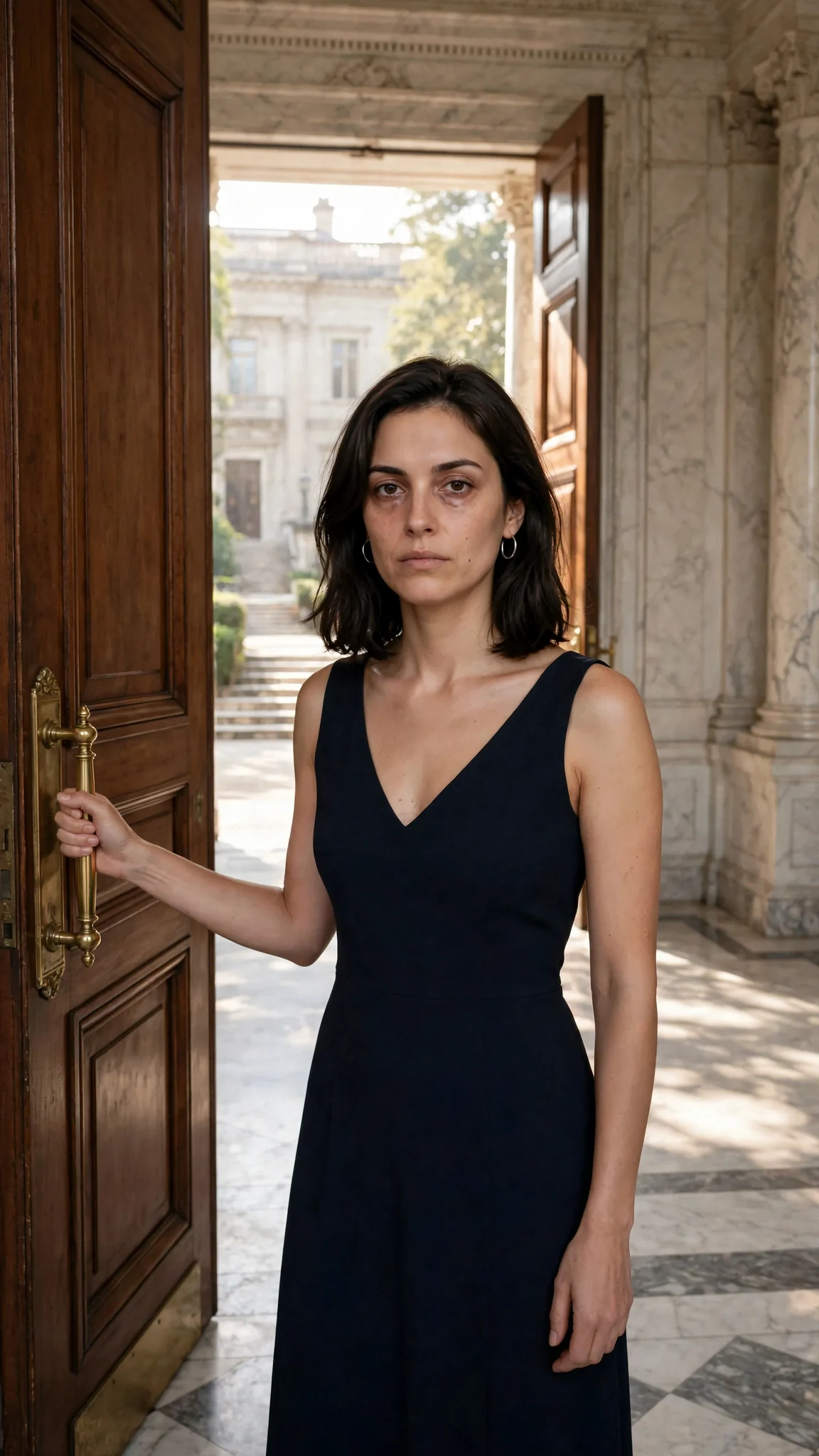 A dark-haired woman in a navy dress pushes open the heavy front door of a grand mansion in morning light.