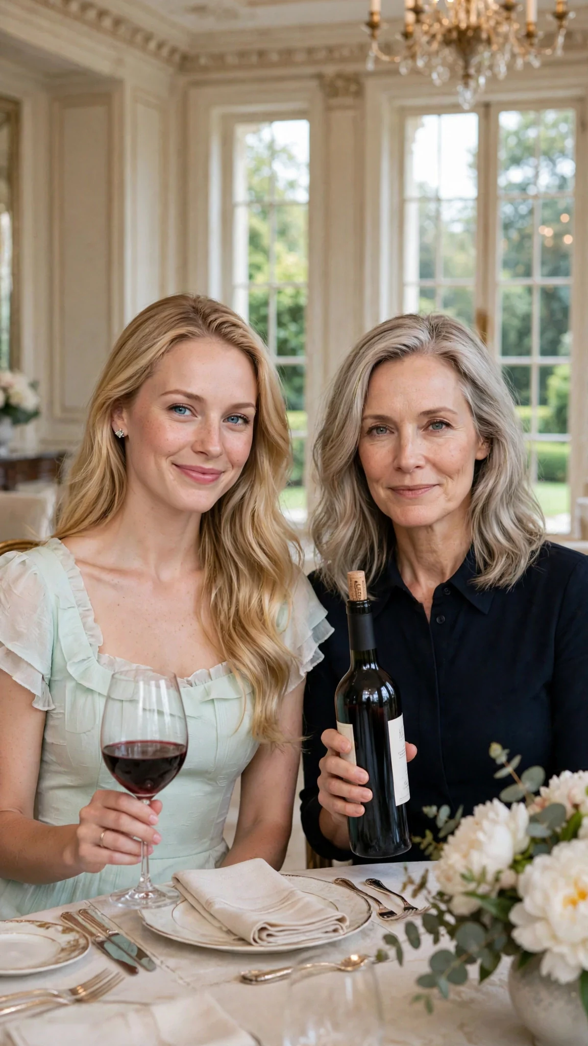 Two blonde women in designer clothes sit at a long dining table with a wine bottle, smirking.