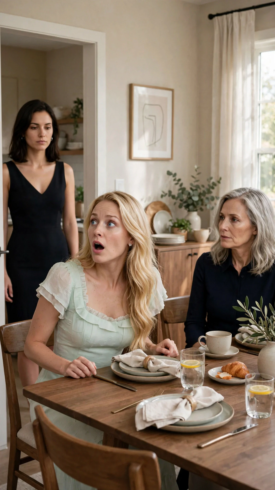 The dark-haired woman pauses in the dining room doorway, chin raised, as the blonde woman's smile drops.