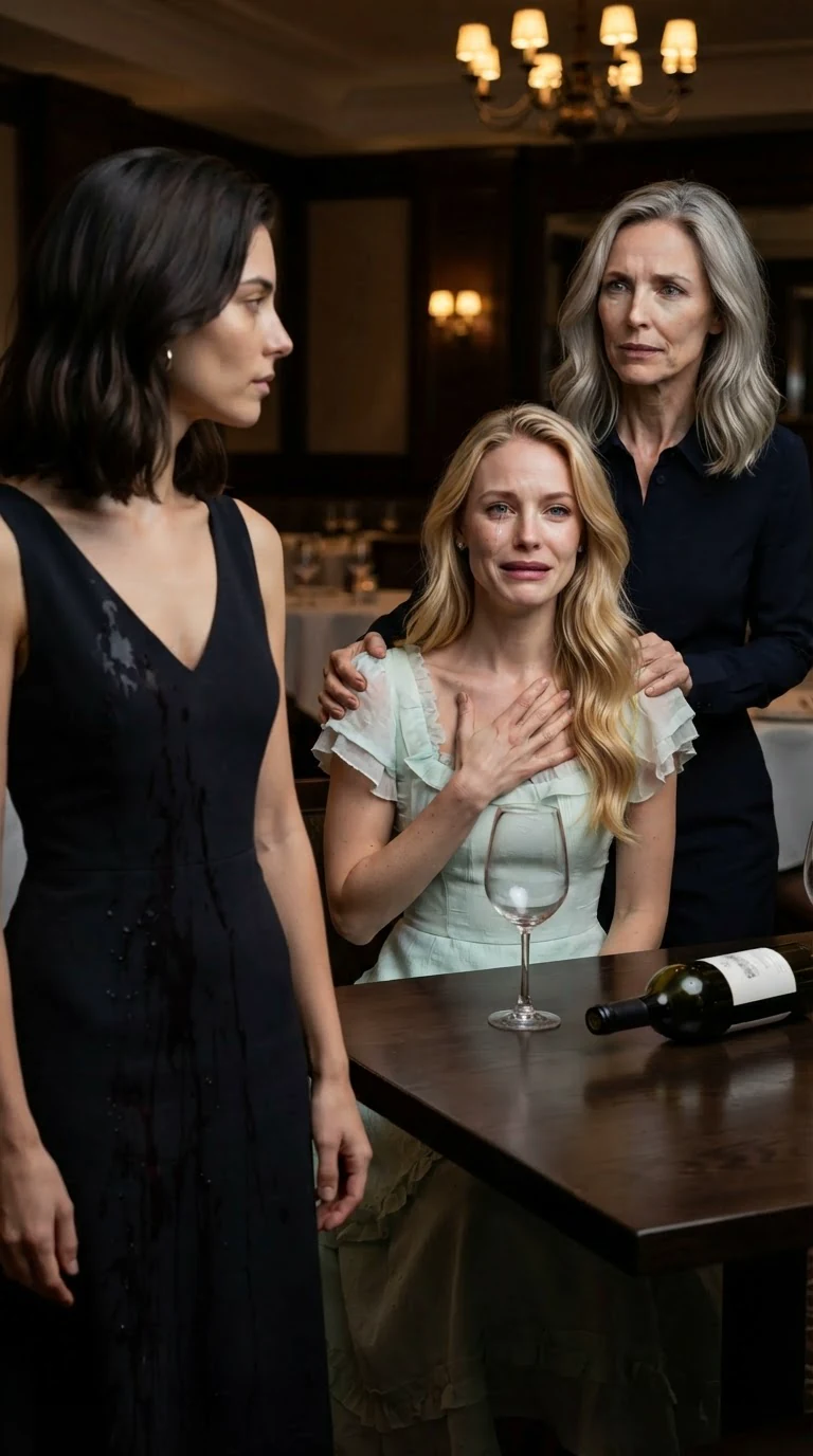 The blonde woman bursts into tears at the table, one hand pressed to her chest, while her mother reaches for her.