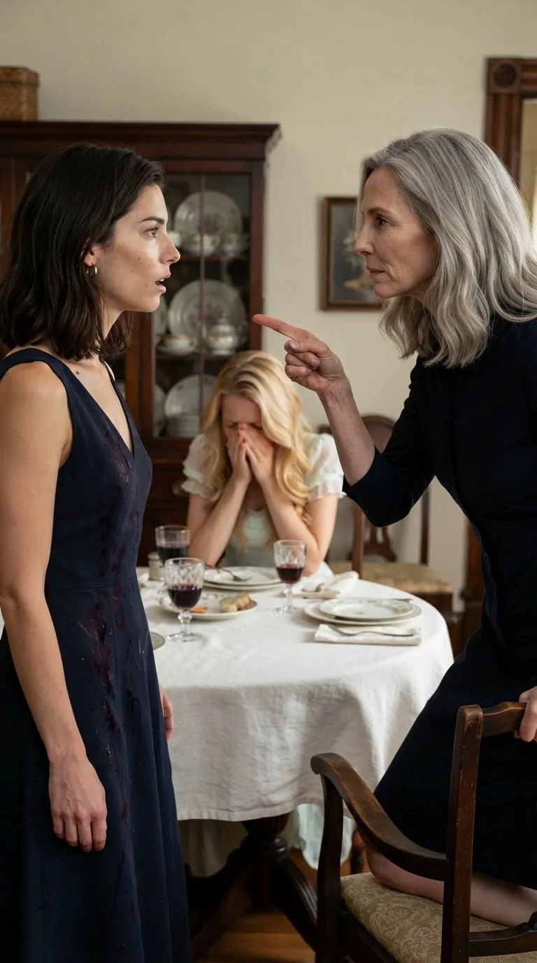 The older blonde woman points a sharp finger at the dark-haired woman across the dining table.
