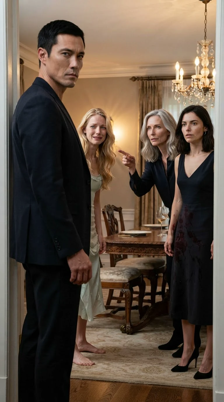 A tall man in a dark tailored suit enters the dining room, gray eyes cutting across the scene.