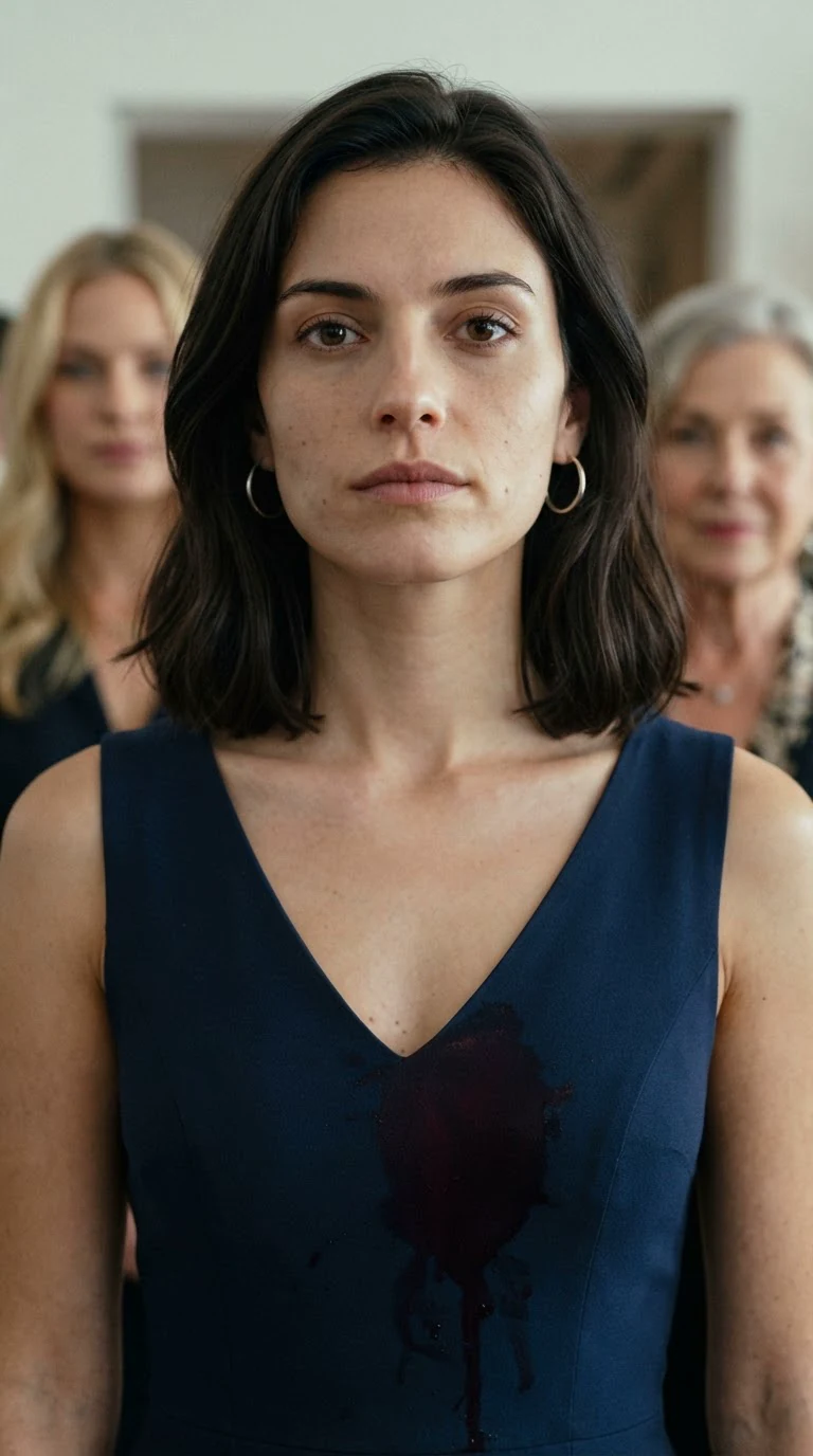 The dark-haired woman lifts her chin and stares directly at her husband.