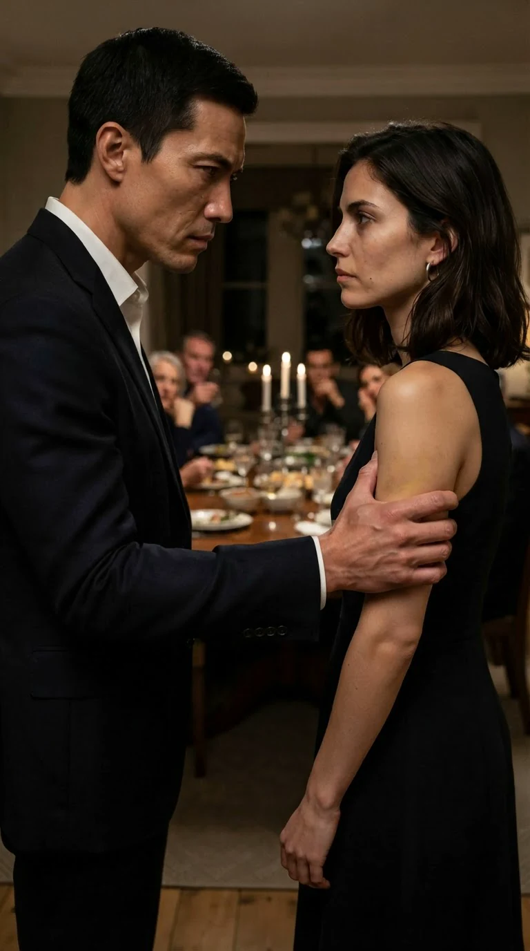 The man's hand clamps around the dark-haired woman's upper arm, his face close and cold.